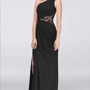 David’s Bridal One-Shoulder Mesh Bridesmaids Dress with Lace Inset - Black